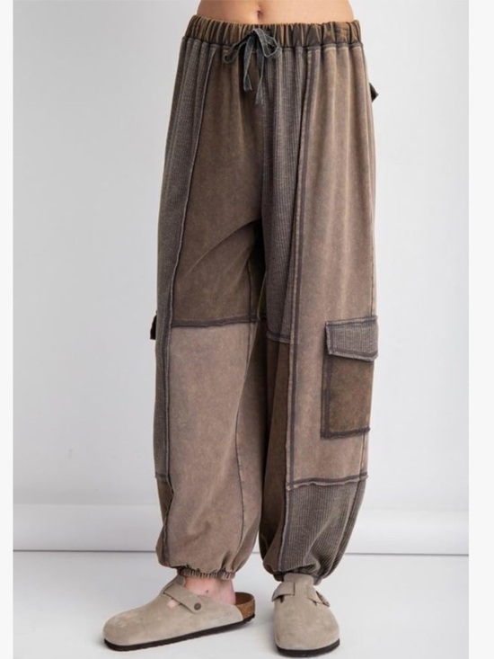 easel Pants - Easel Ayla Color Block Patchwork Terry Knit Cargo Jogger Pants size large ash